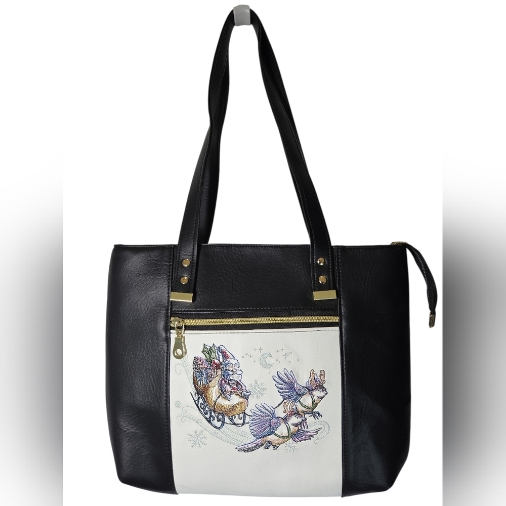 Whimsical Embroidered Christmase Tote Chickadees, Clogs & Sleigh Faux Leather - Picture 1 of 16